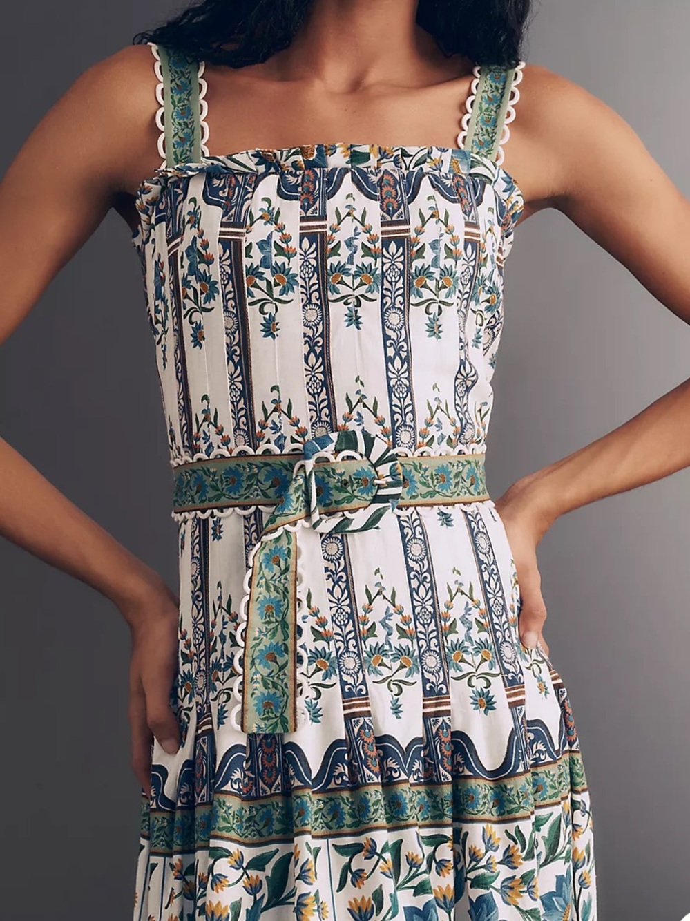 Farm Rio Floral Tile-Print Midi Dress in White and Blue - Picture 2 of 4